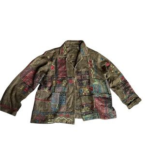 Chico's Vintage Textured Olive Jacket with Multicolor Embroidered Accents Size 3